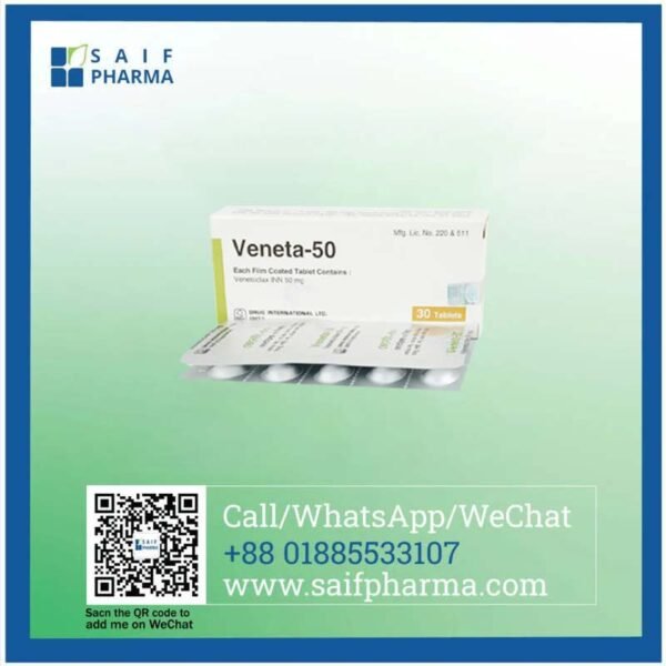 Veneta 50 mg (Venetoclax) Tablets box and blister pack – Targeted leukemia treatment by Drug International Ltd.Saif Pharma