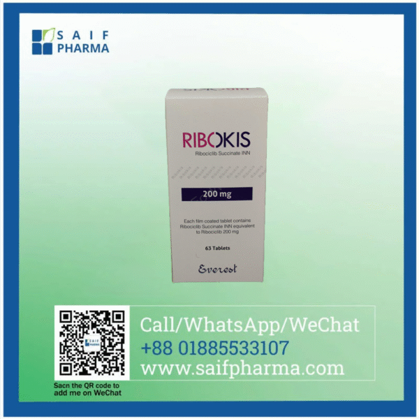 Ribokis 200 mg Ribociclib tablets by Everest Pharmaceuticals – Supplied by Saif Pharma for hormone receptor-positive breast cancer treatment.