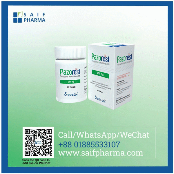 Buy Pazorest 200 mg (Pazopanib Hydrochloride) – Effective treatment for renal cell carcinoma and soft tissue sarcoma. Global oncology medicine supply by Saif Pharma.