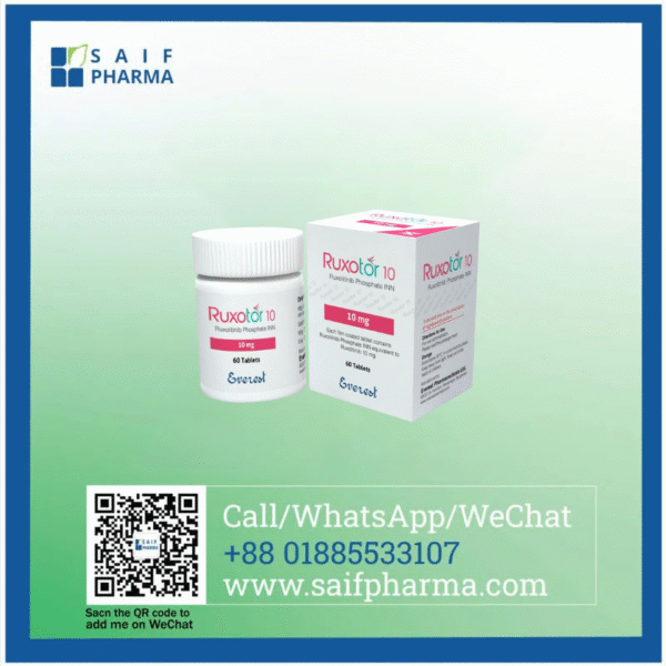 Ruxotor 10 mg Ruxolitinib Phosphate tablets by Everest Pharmaceuticals – supplied by Saif Pharma for myelofibrosis, polycythemia vera, and GVHD treatment.