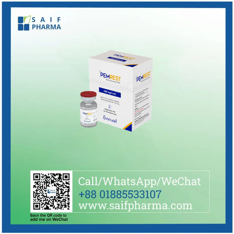 Pemrest 100 mg (Pembrolizumab) Injection 1 Pemrest 100mg/4mL Pembrolizumab solution for intravenous infusion single-dose vial by Everest Pharmaceuticals.
